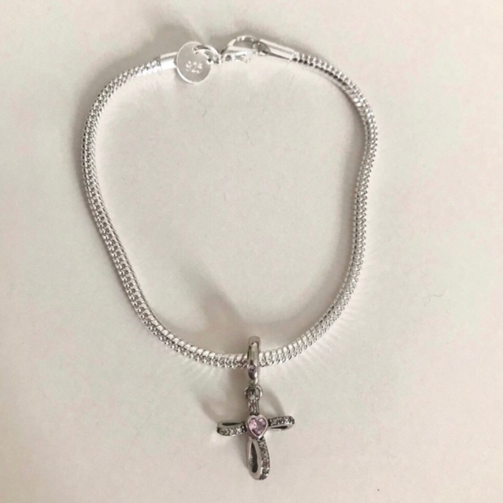 Sterling Silver Cross Pendant Bracelet with Pink Heart Accent